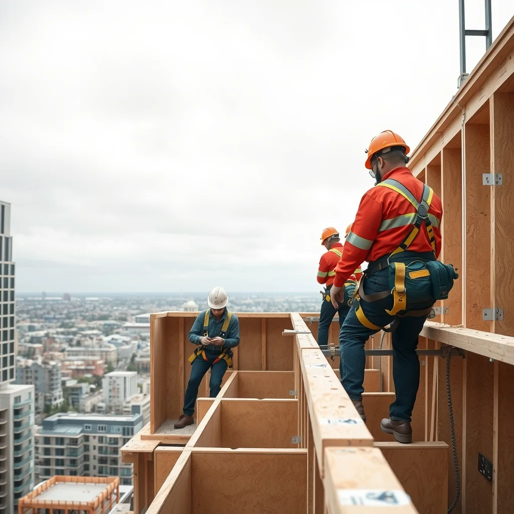 Formwork carpenters working on the core deck of a high-rise building under construction