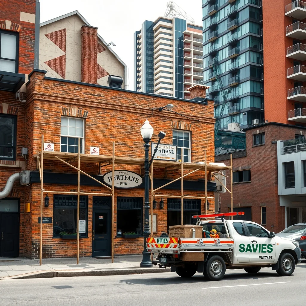 Scaffolding on the facade of a heritage brick pub with modern towers behind it