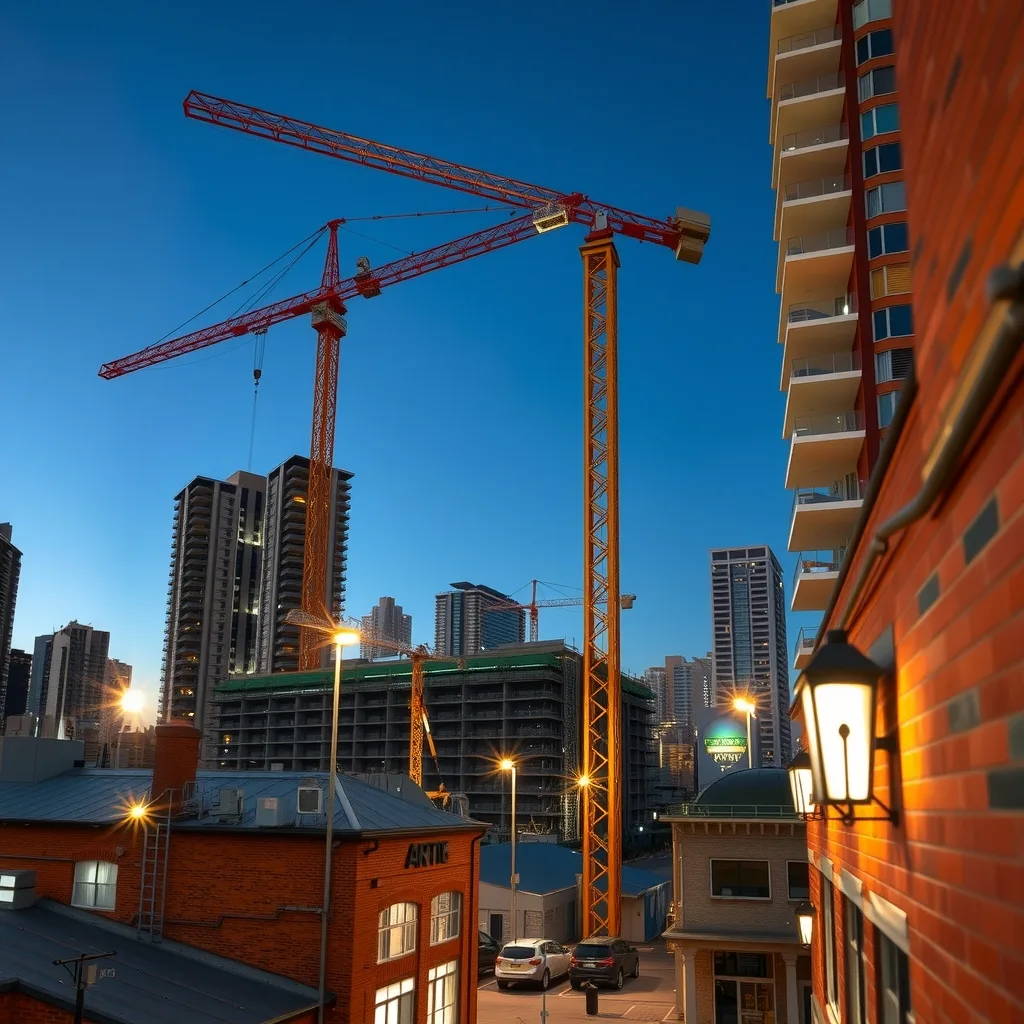 Tower crane over a riverside high-rise construction site at dusk in an Australian city