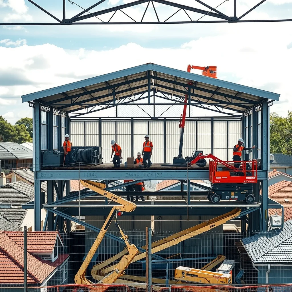 A partly clad steel acoustic shed being built over a tunnelling launch site next to suburban houses