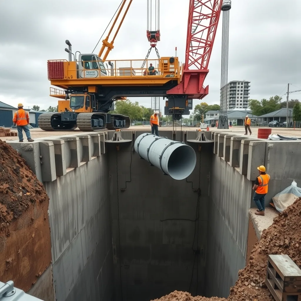 A crane lowers a large steel tunnel boring machine section into a deep excavated shaft on a construction site
