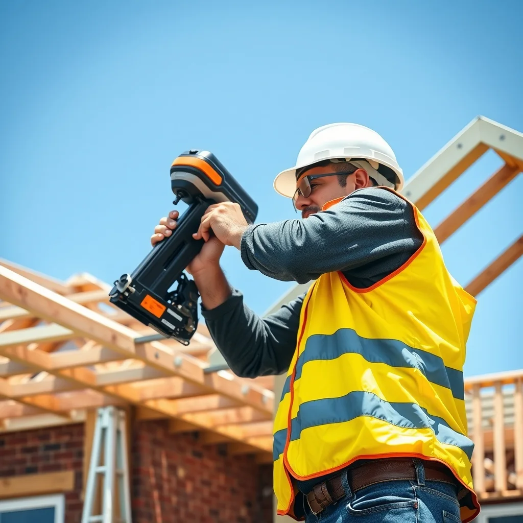 Carpenter fixing roof trusses on a single-storey house under construction.