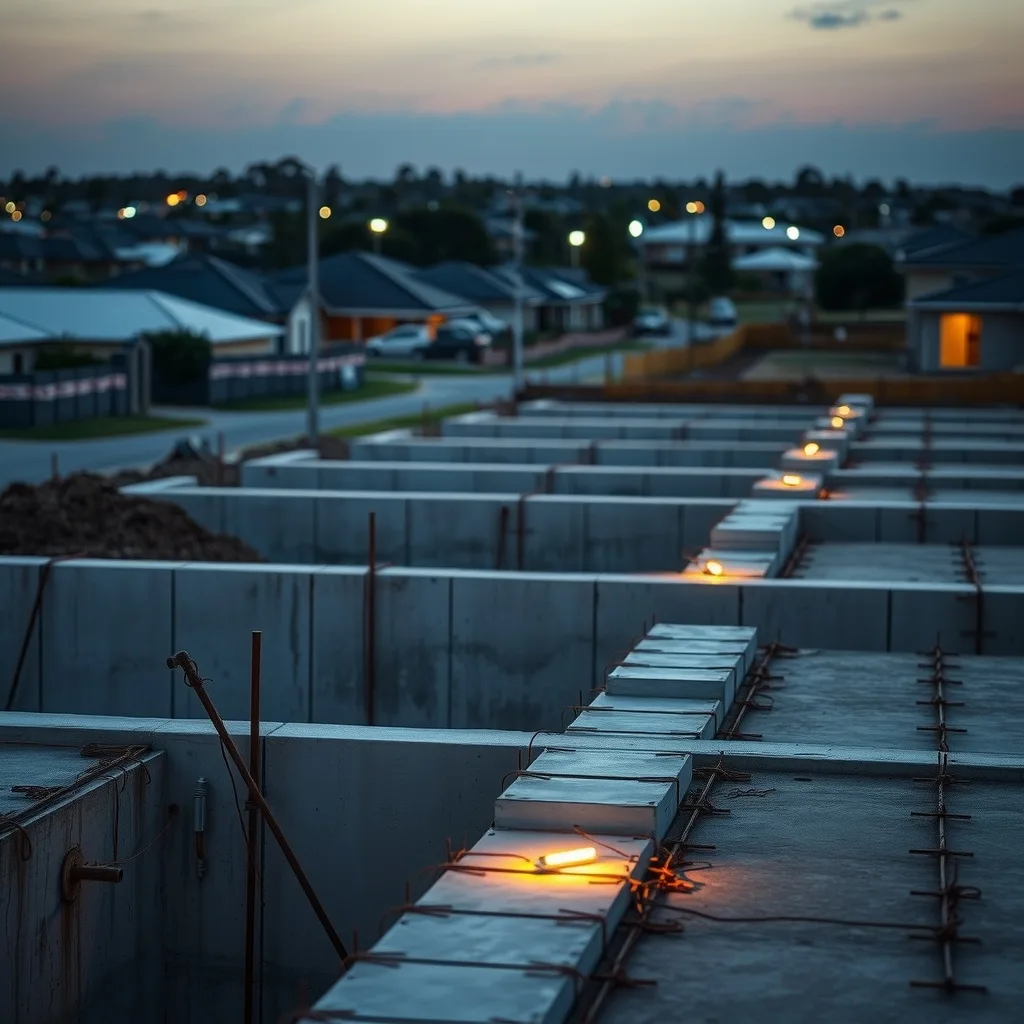 Empty concrete house slabs on a new suburban estate at dusk.