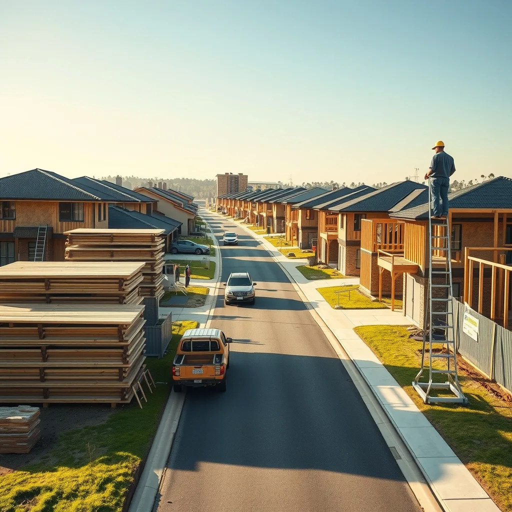 Detached houses at timber frame stage across a new Australian housing estate, with trusses stacked on the kerb.