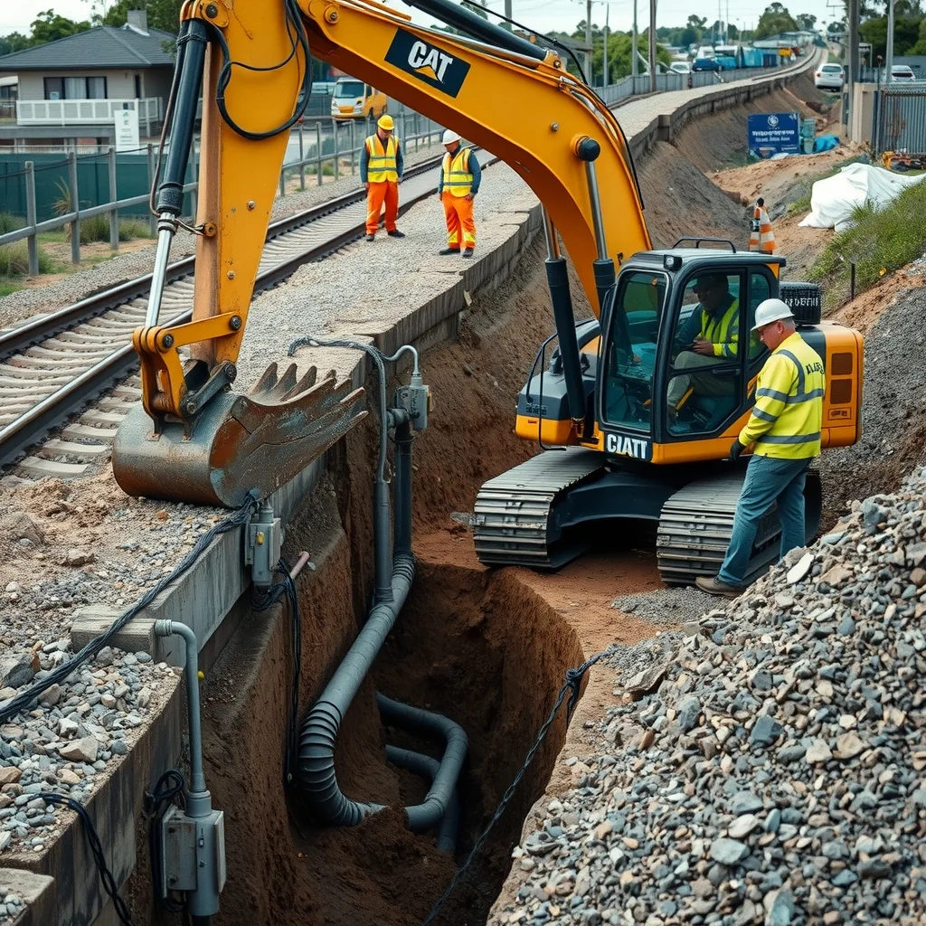 Workers in high-vis beside an open trench exposing underground services near a rail corridor