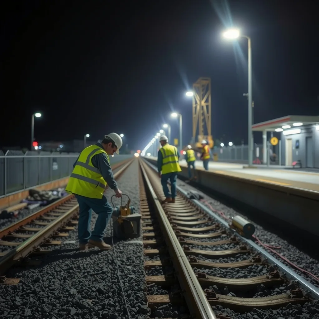 Night rail construction under floodlights with workers laying track during a possession