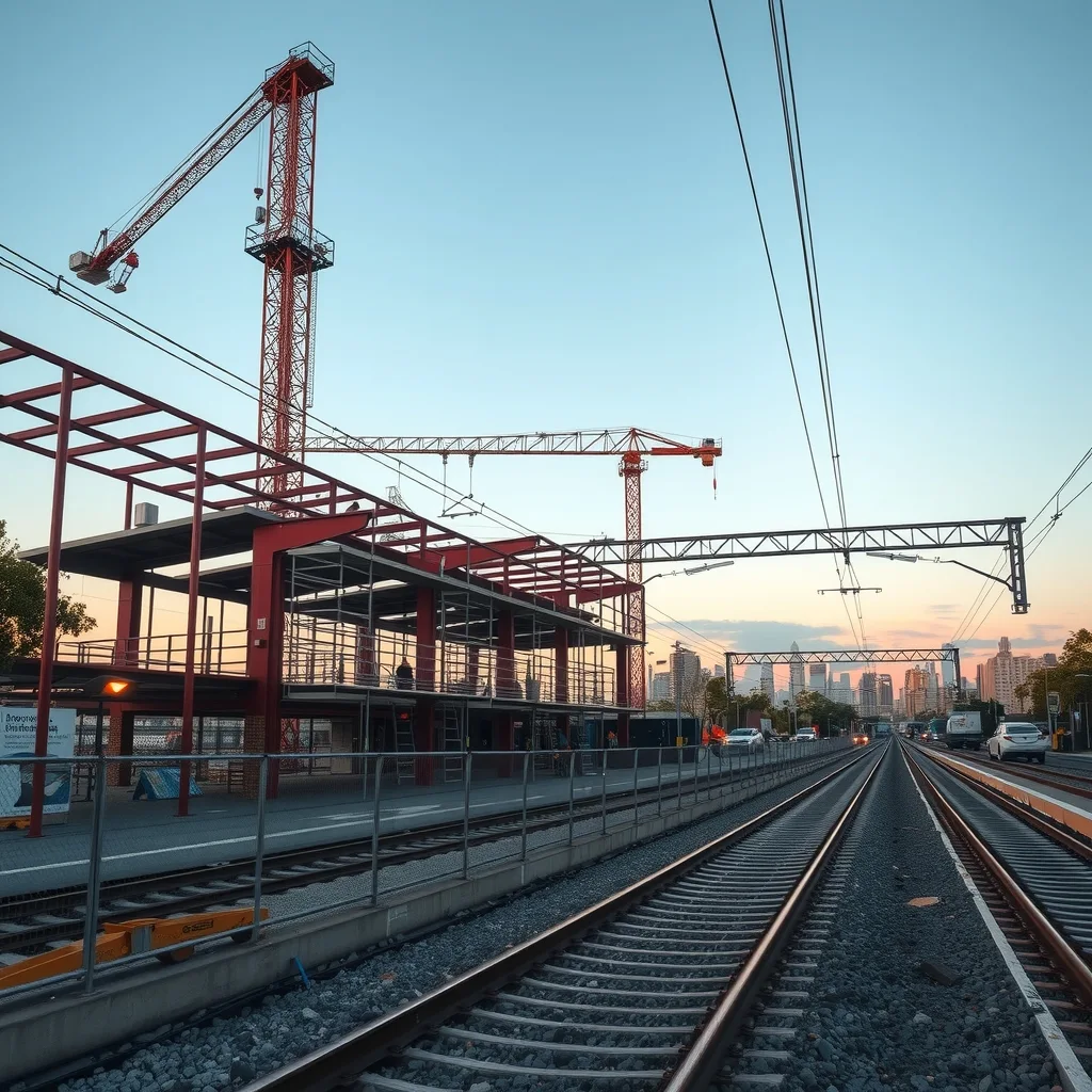 Tower crane over a suburban railway station construction site at dusk with live tracks alongside
