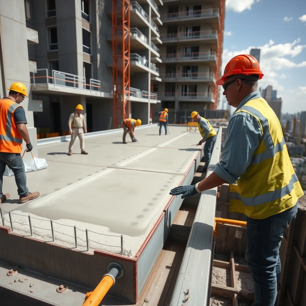 Concreters screeding a suspended slab on an upper floor of a residential tower