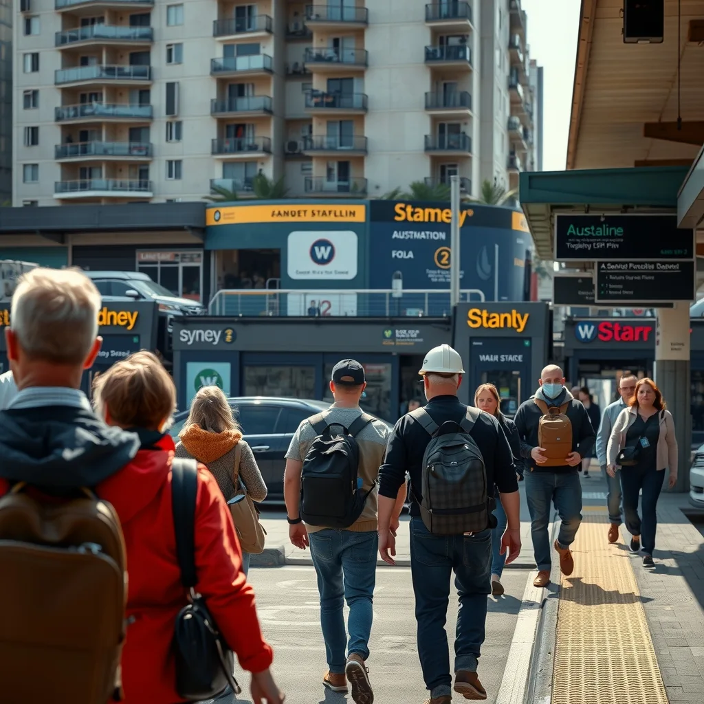 Commuters leaving a suburban Sydney railway station entrance