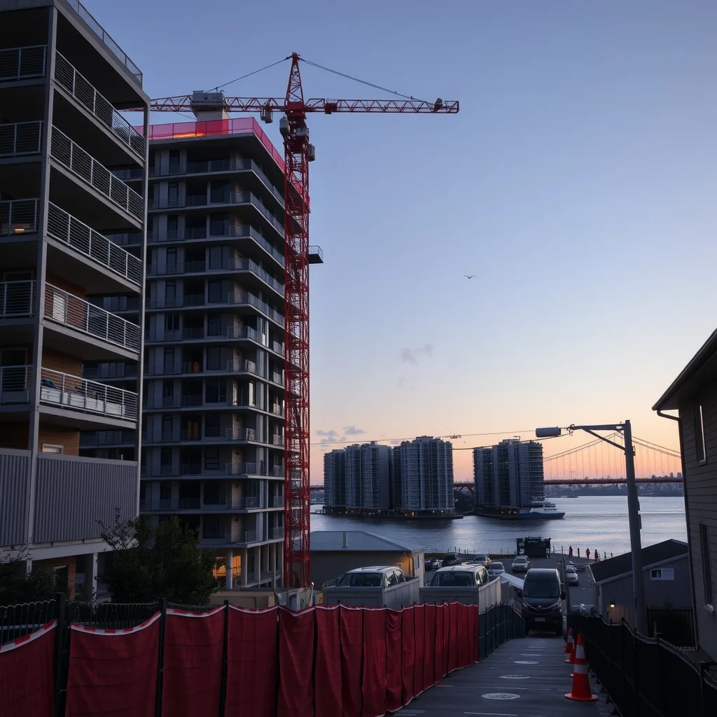 Tower crane over a high-rise apartment construction site in an inner Sydney suburb at dusk