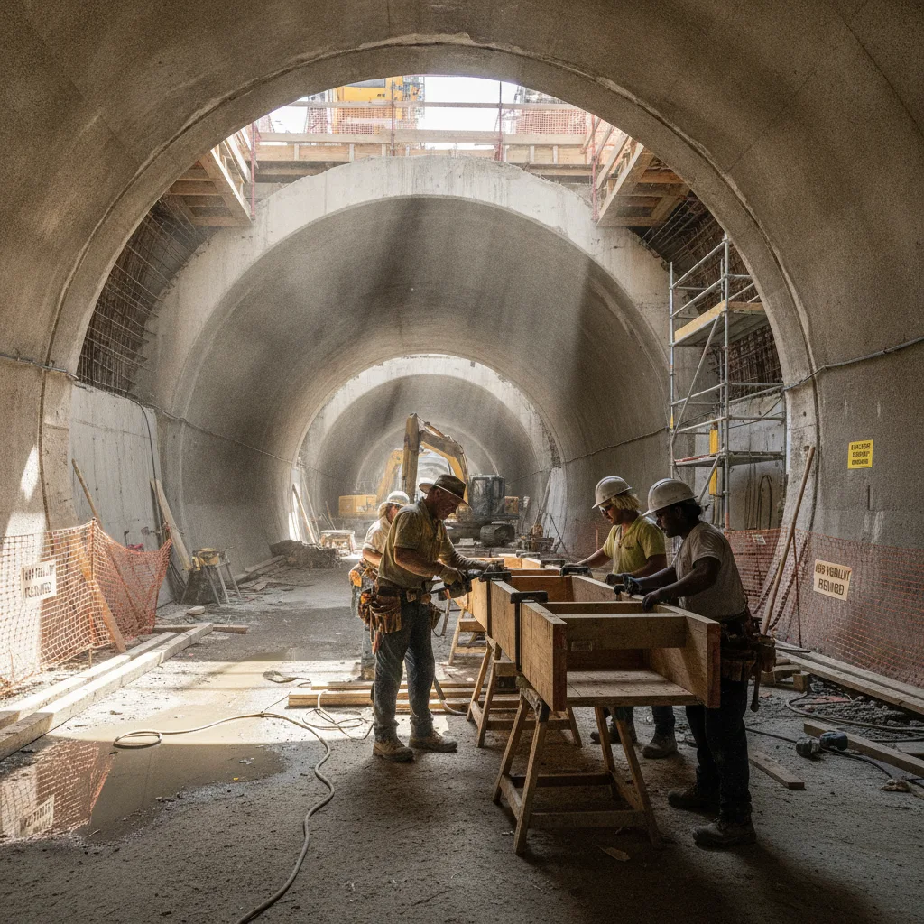 A construction site with tunnel boring equipment and safety infrastructure on the Sydney motorway project.