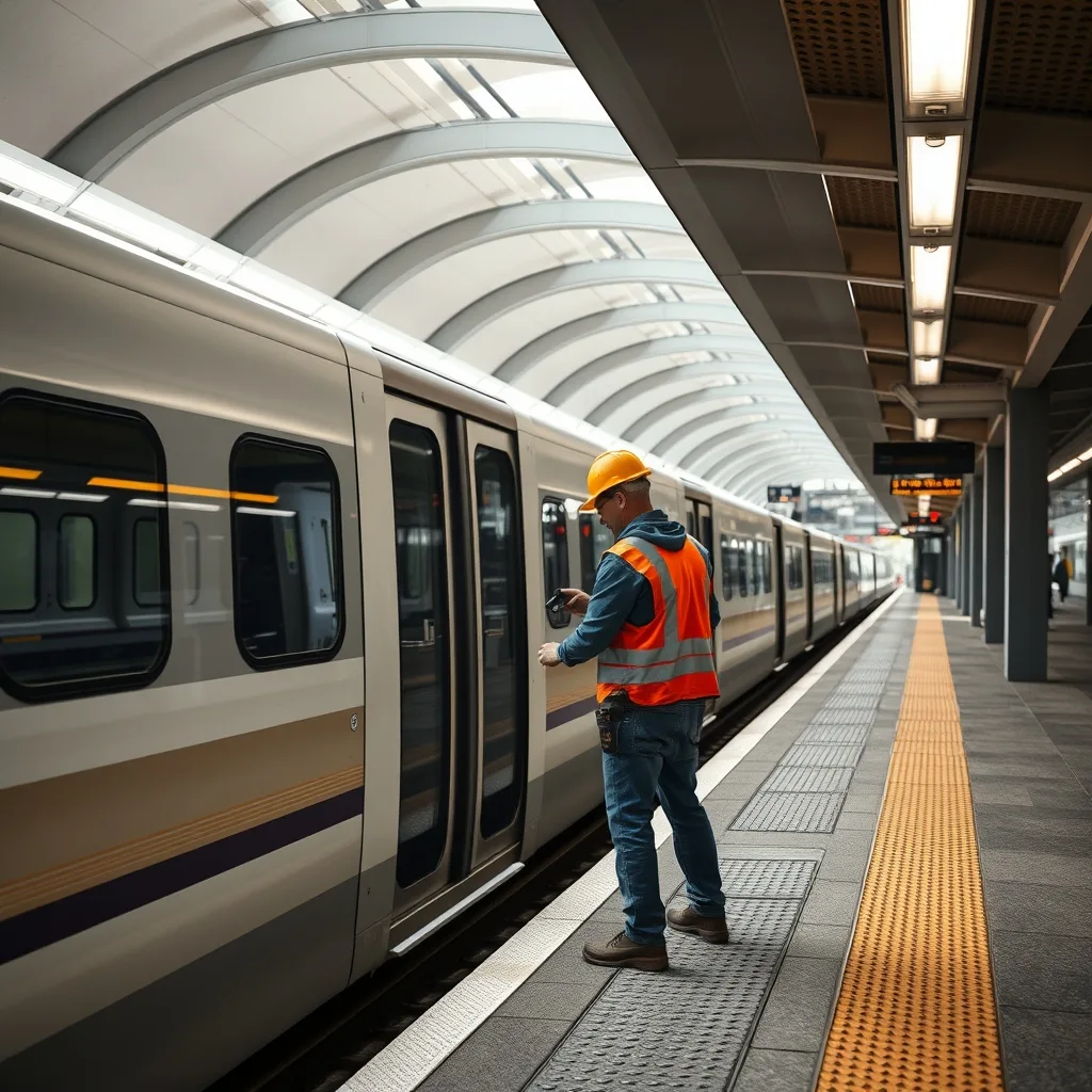 A modern metro train station platform with sleek curved architecture and platform screen doors at Bankstown, Sydney.