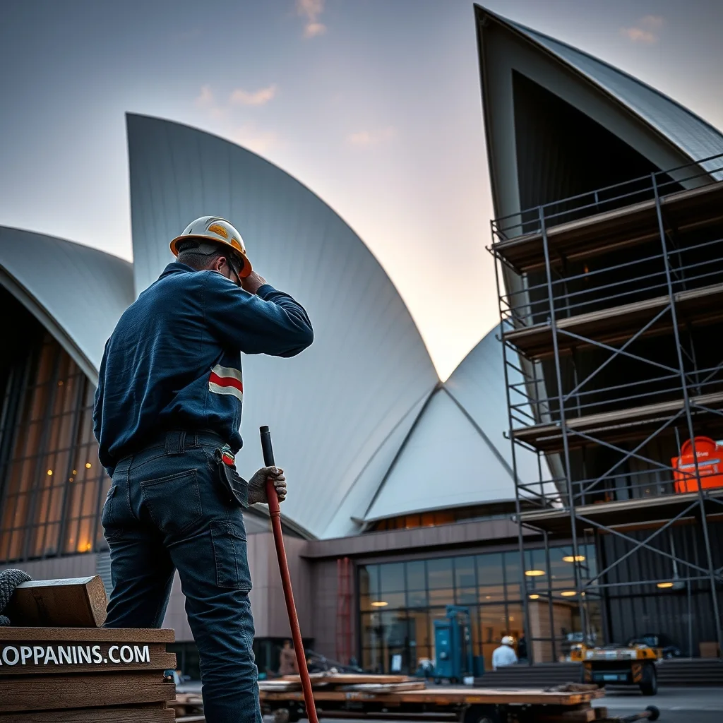 The Sydney Opera House exterior with construction scaffolding and equipment visible during early morning light.