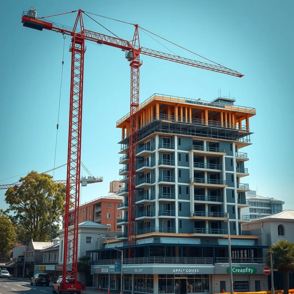 Tower crane over a part-built mid-rise apartment block in an Australian suburban centre