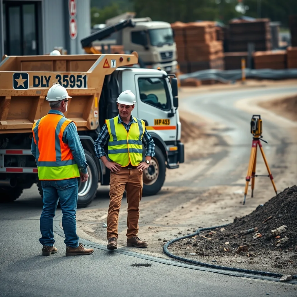 Civil workers beside a tipper truck on a newly formed road in an industrial estate