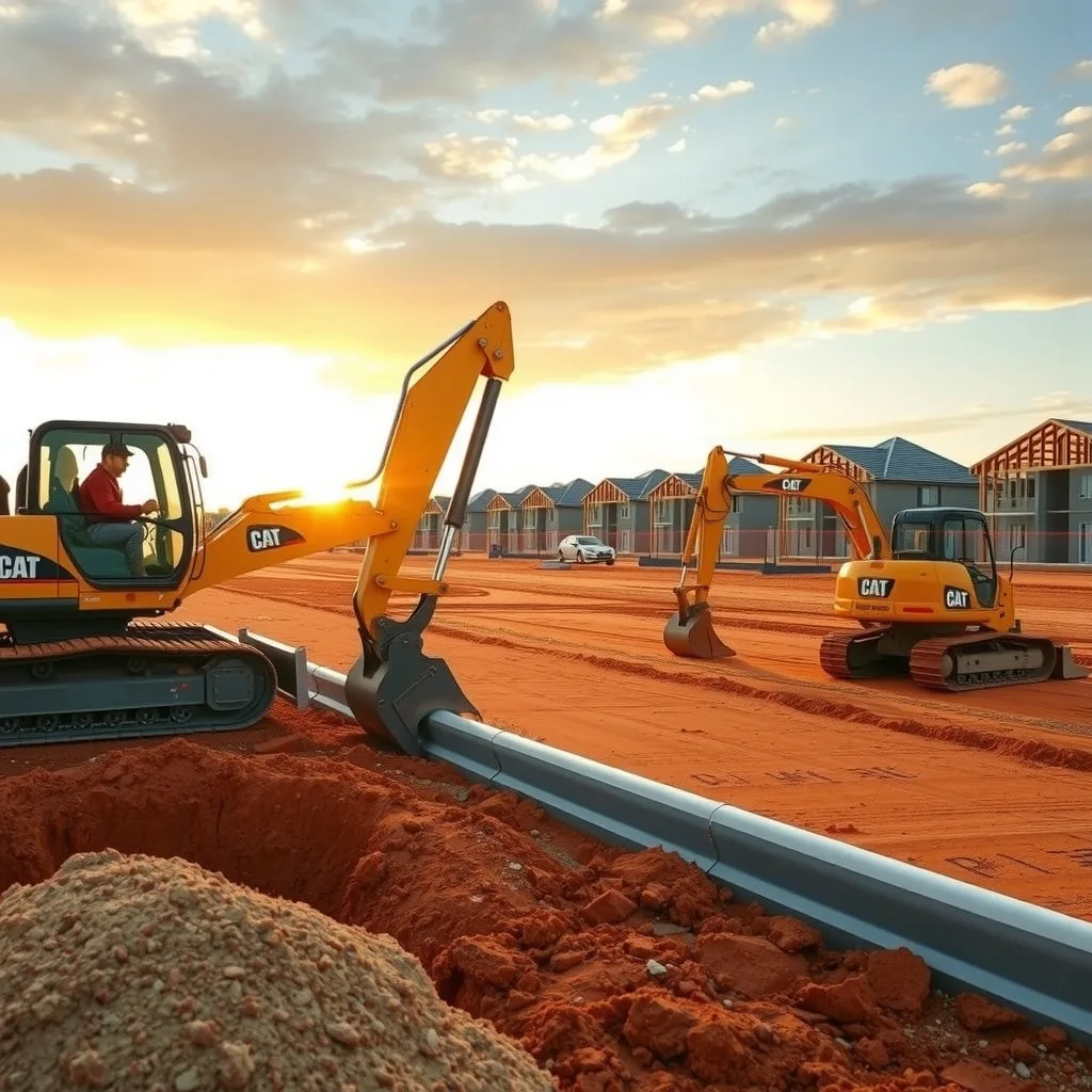 Excavators working on bare earth at a new outer-suburban housing subdivision at sunrise