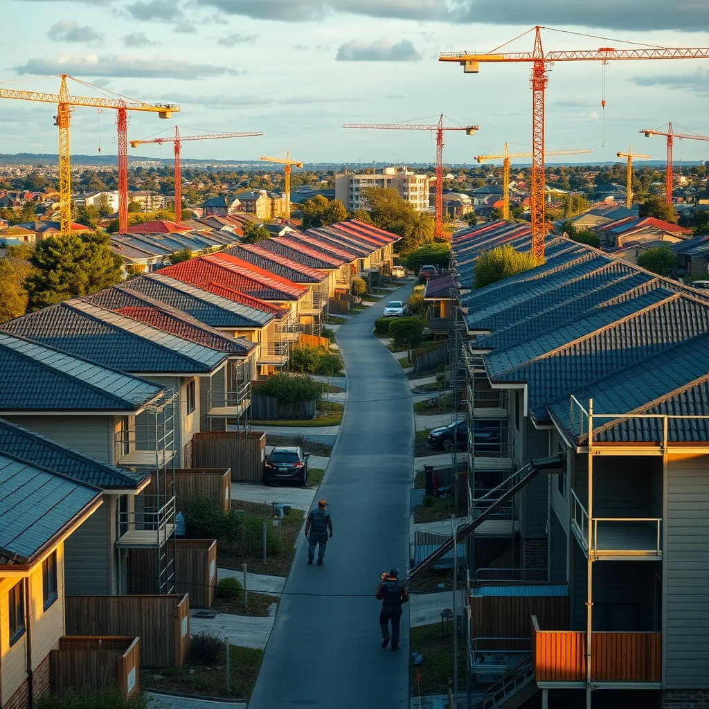 Newly completed suburban houses with construction cranes and scaffolding across a sprawling Sydney housing estate.