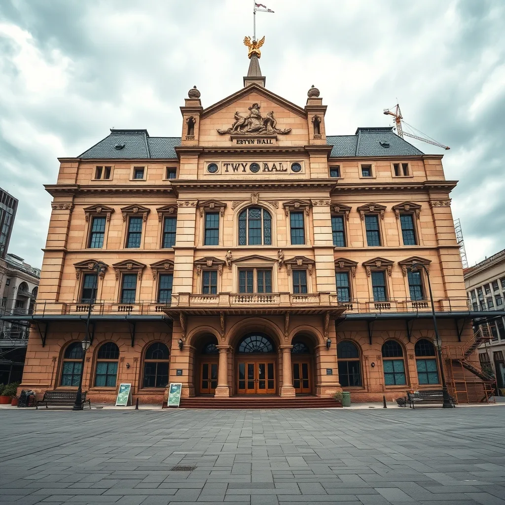 Sydney Town Hall's heritage sandstone facade overlooking the future plaza site in the CBD.