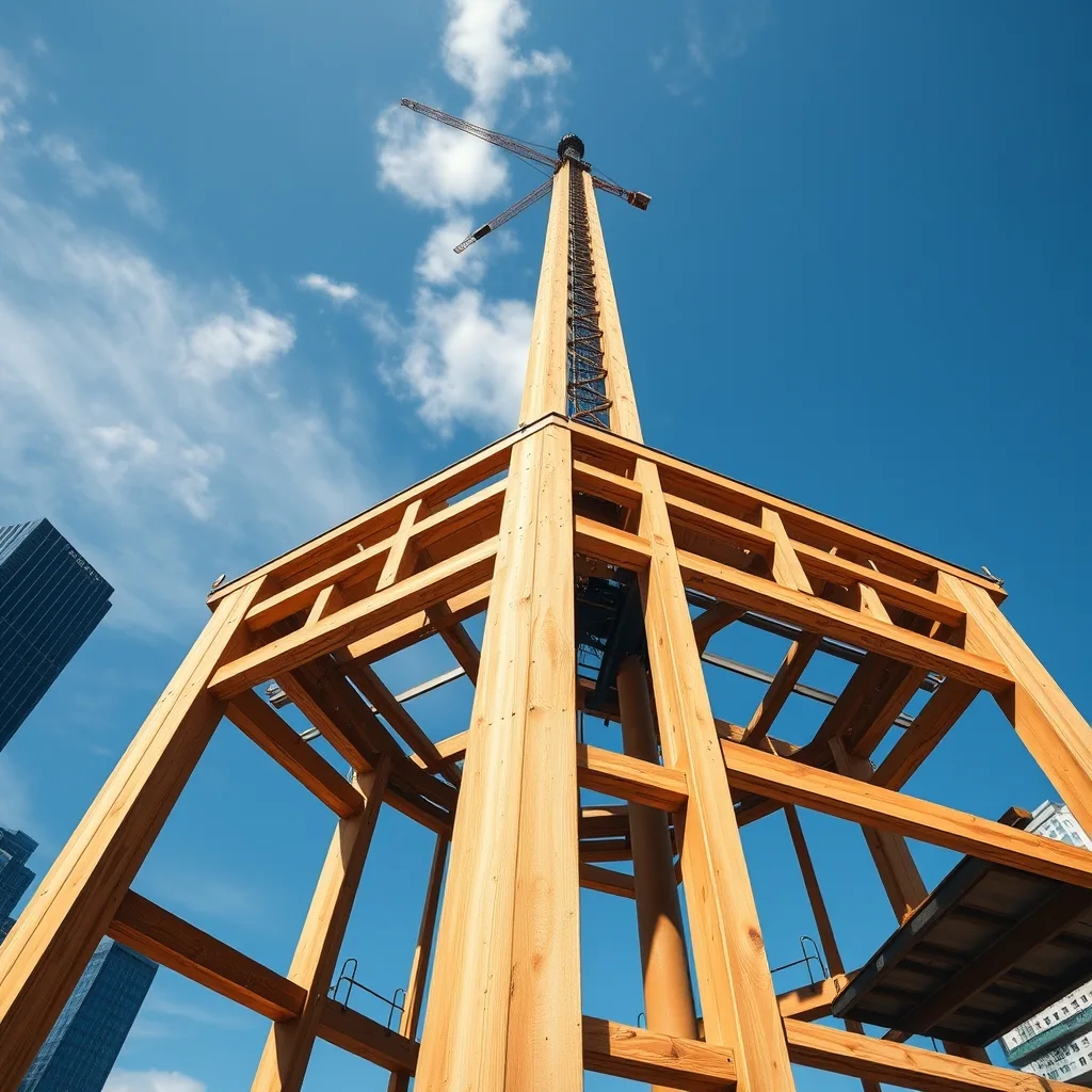 A hybrid timber and steel tower construction reaching completion above Sydney's cityscape.