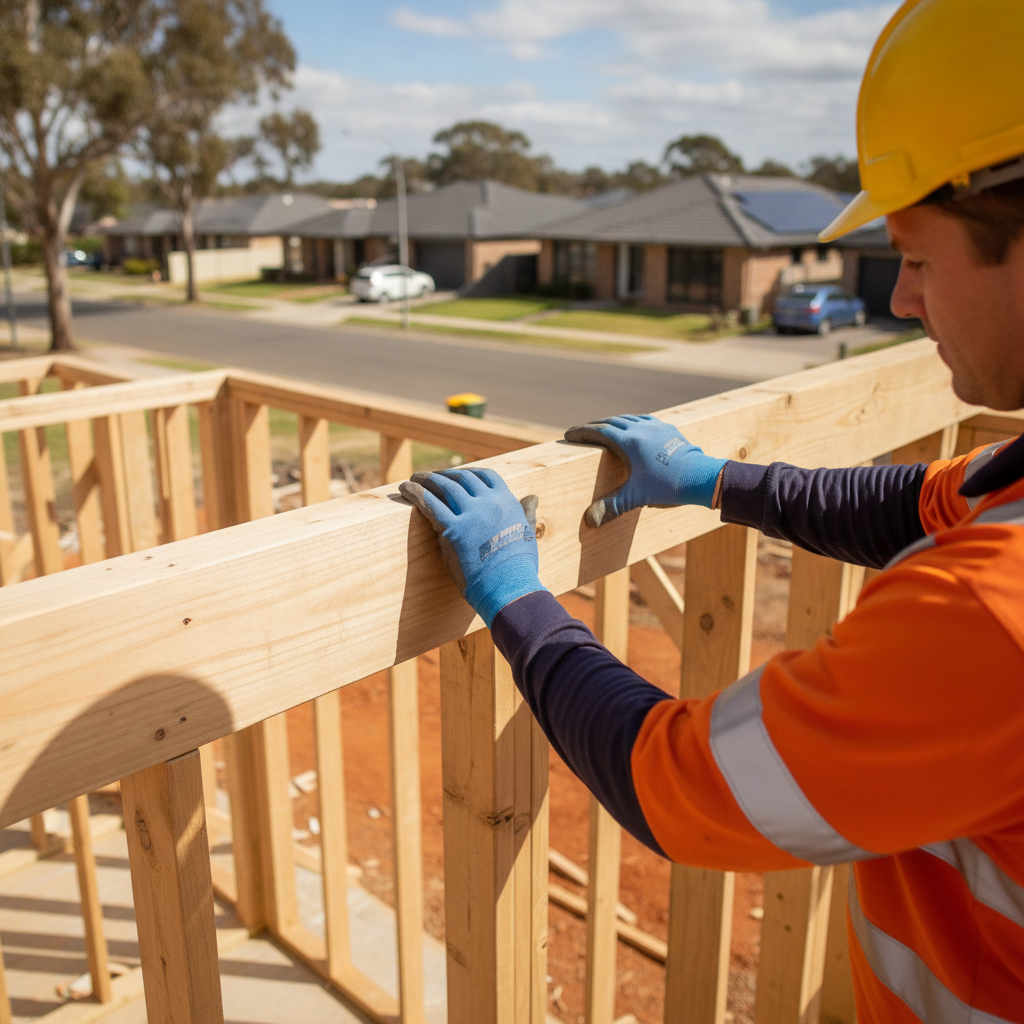 Construction worker guiding timber framing on a new home build in Australia