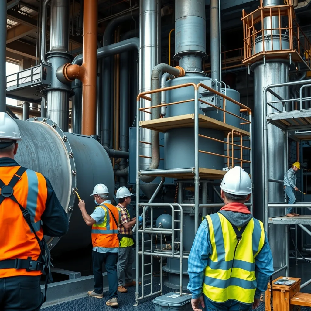 Scaffolders and maintenance workers in high-vis working on steel process equipment during a plant shutdown