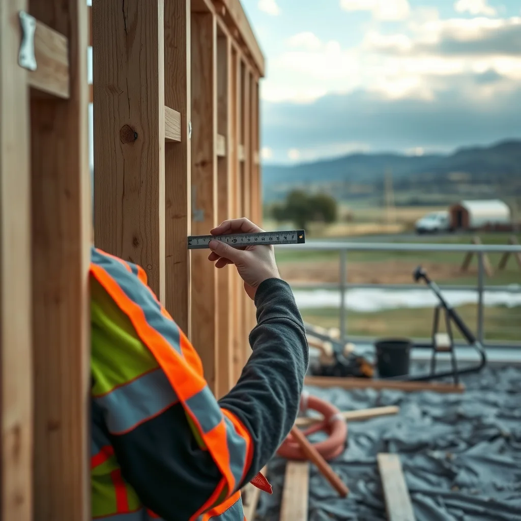 Carpenter measuring timber wall framing on a small rural house build