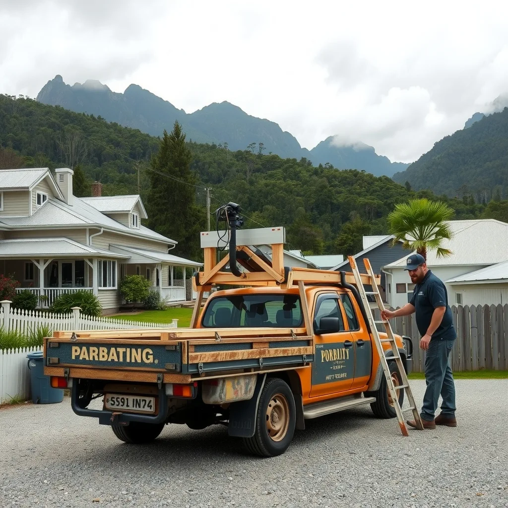 Weatherboard houses on a Tasmanian hillside with a tradie's ute parked in the foreground and mountains behind