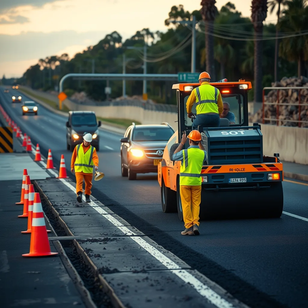 Civil crew paving a new highway lane at dusk with a paver and roller