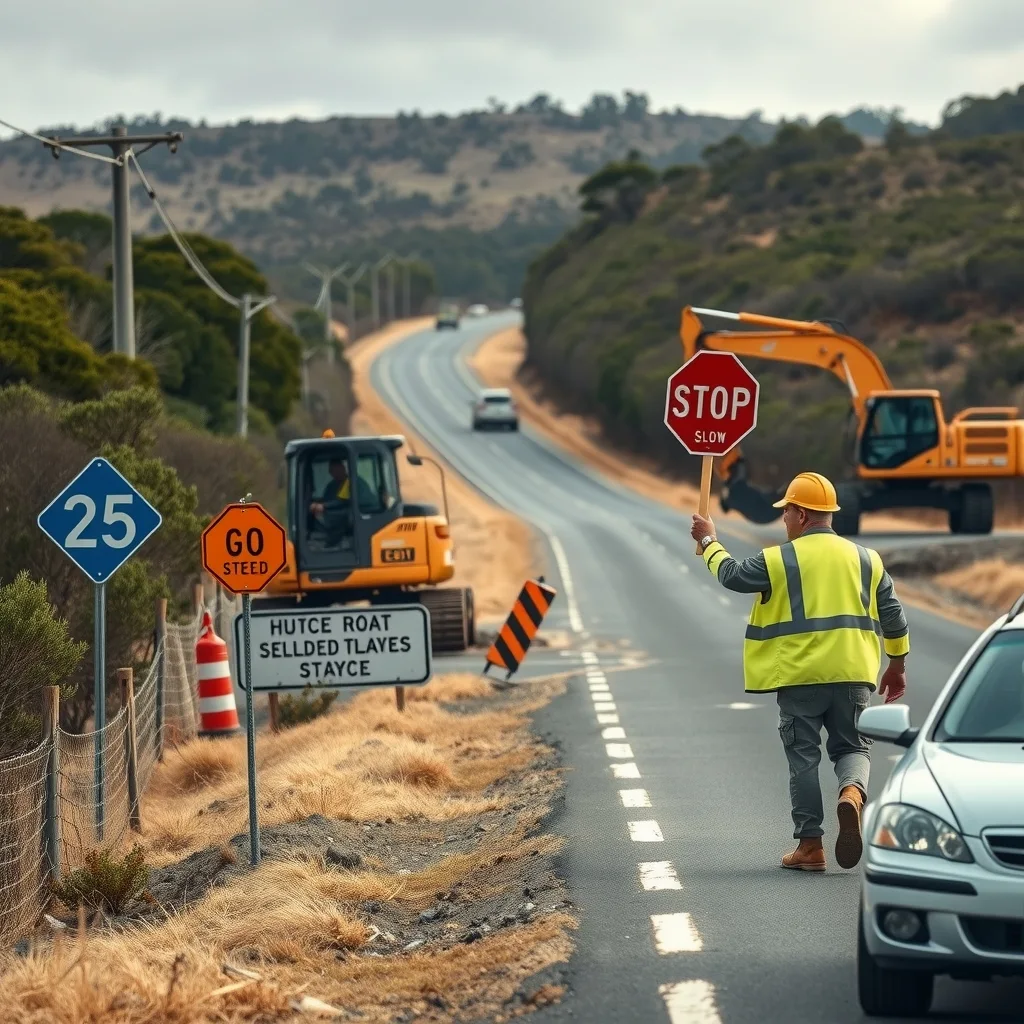 Roadworks widening the shoulder of a rural highway with a traffic controller stopping traffic