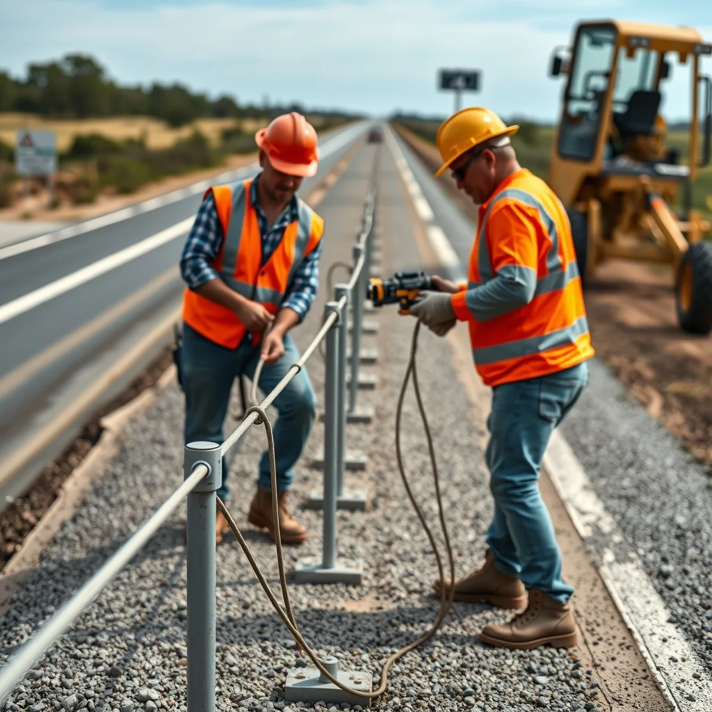 Two workers in high-vis installing flexible wire rope safety barrier posts along a rural highway median