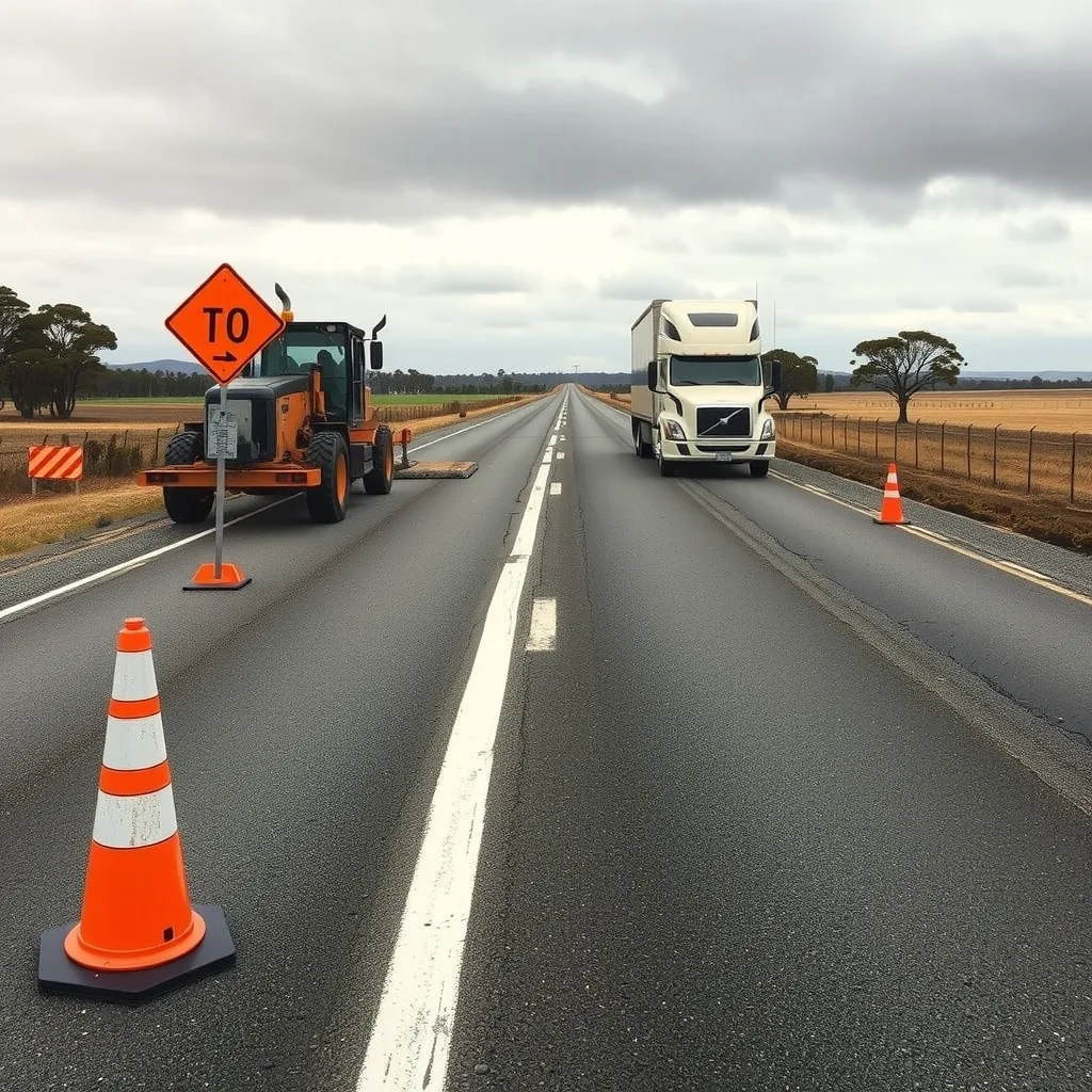 Road crew and grader widening a rural highway shoulder while a truck passes on the open lane