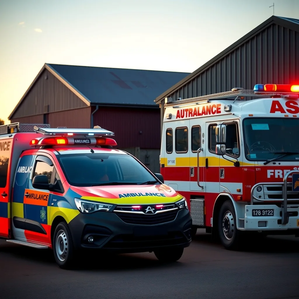 An ambulance and fire truck parked outside an Australian emergency services station at dusk