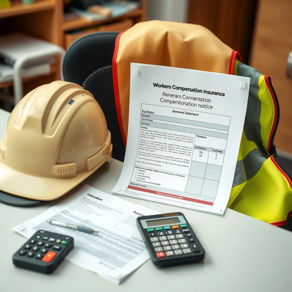 Insurance premium paperwork on a desk beside a hard hat in a small building company office