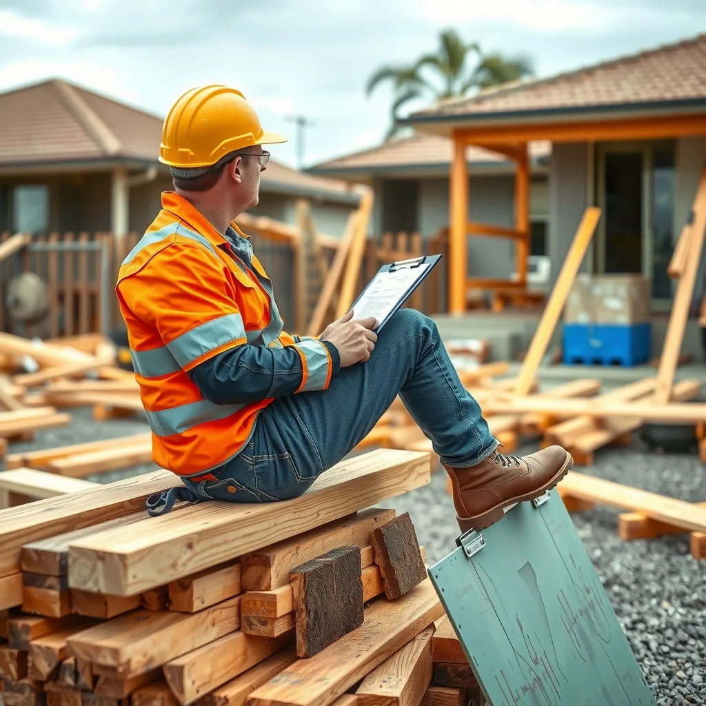 Injured construction worker with an arm in a sling sitting at a building site holding paperwork