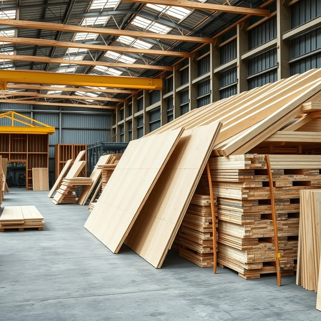 Factory floor showing stacked timber wall panels and roof trusses ready for prefabricated home assembly.