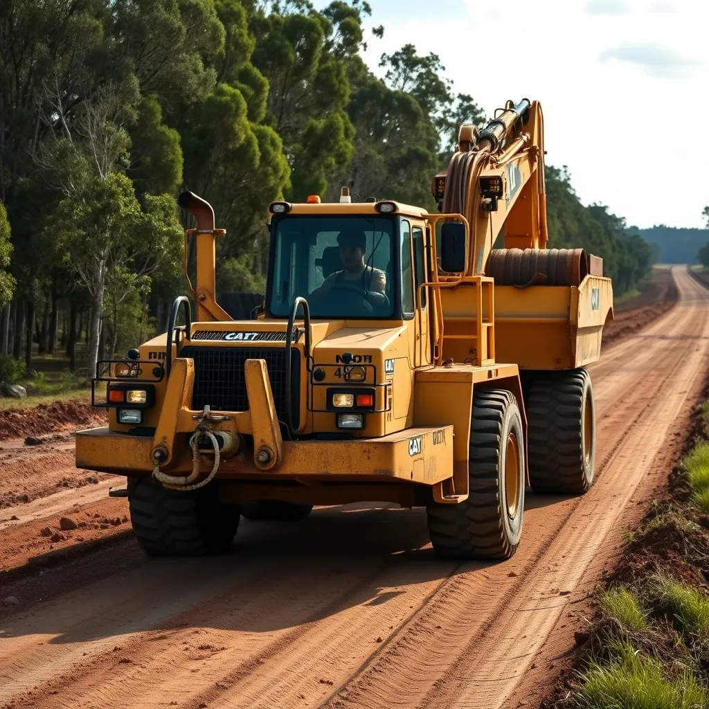 Earthmoving machinery on a cleared highway corridor through Queensland bushland.