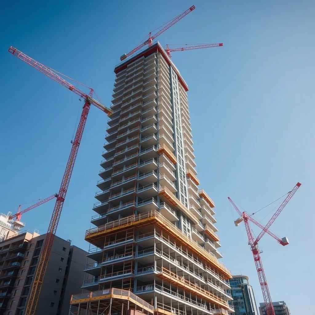A multi-storey residential tower under construction in Perth, with cranes and steel scaffolding against a blue sky.