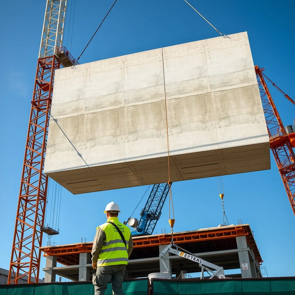 Riggers guiding a precast concrete panel into place with tag lines on an Australian building site