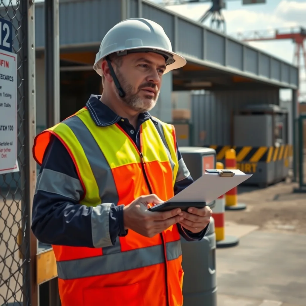 Worker signing in at a controlled construction site access gate