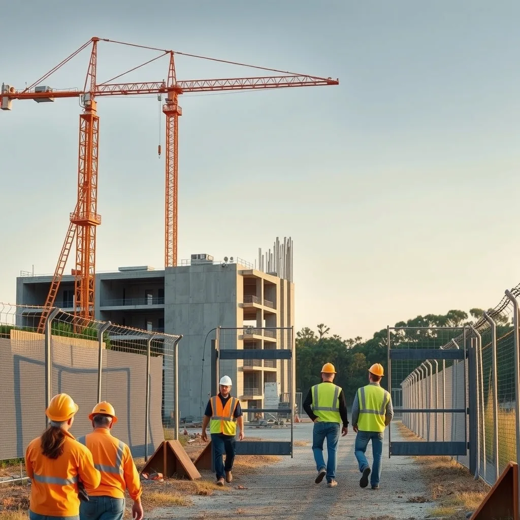 Construction site behind high security fencing in tropical north Queensland with a tower crane at dawn