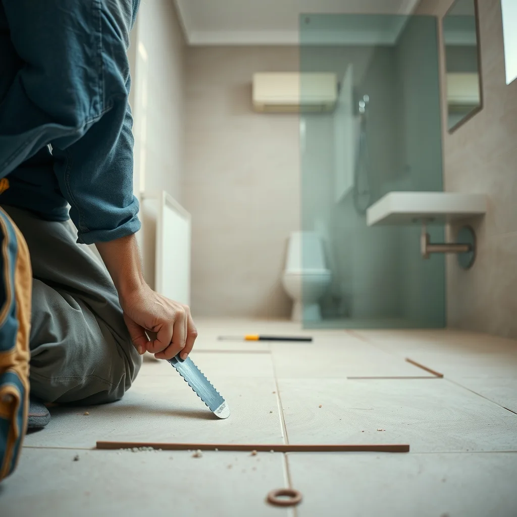 A tiler laying floor tiles in an unfinished bathroom