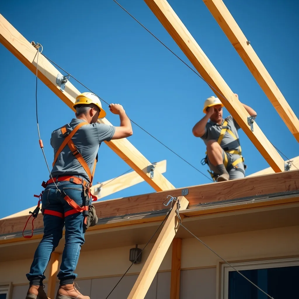 Carpenters fixing roof trusses on a new home in regional Australia