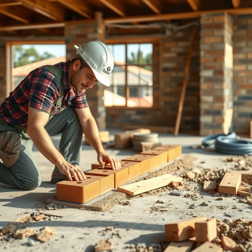A bricklayer laying bricks on a partly built house in an Australian housing estate