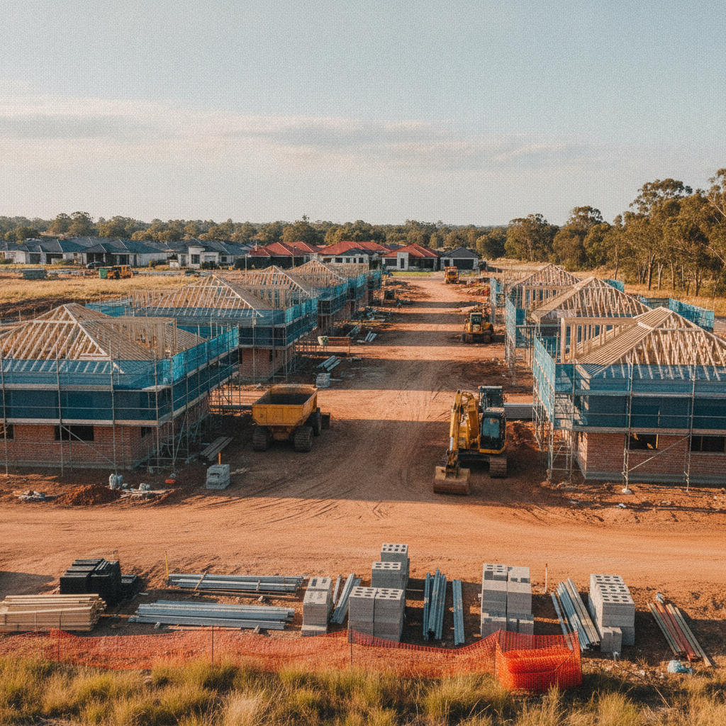 Empty Australian construction site with idle equipment and scaffolding
