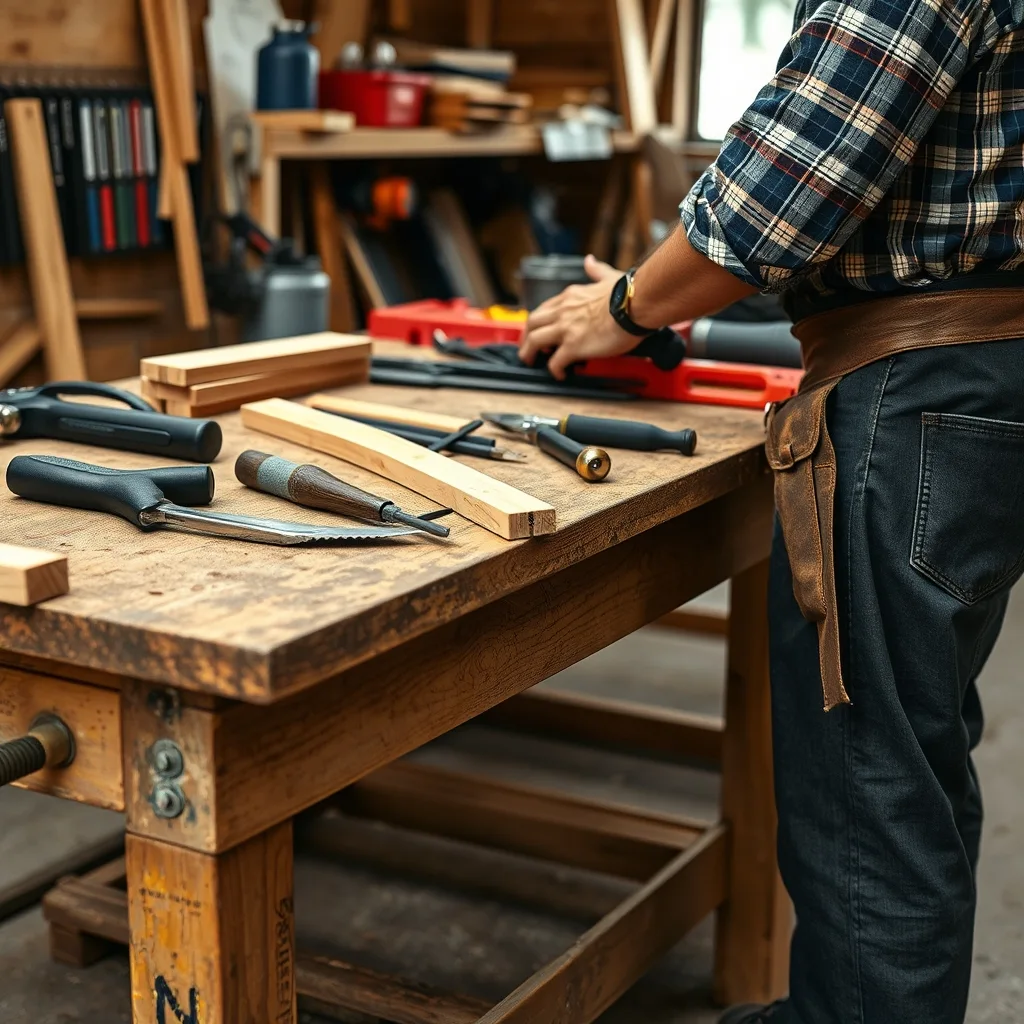 A tradie's workbench with hand tools and timber offcuts in a bright workshop.