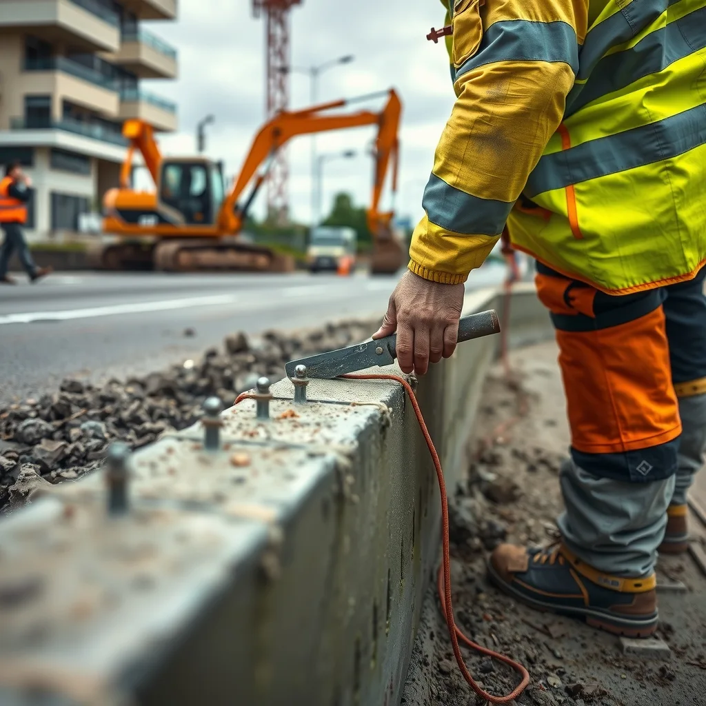Concreter finishing new kerb and gutter at an Australian roadworks site