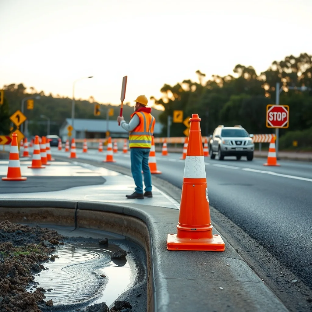 Traffic controller directing cars past roadworks at a regional highway intersection at dawn