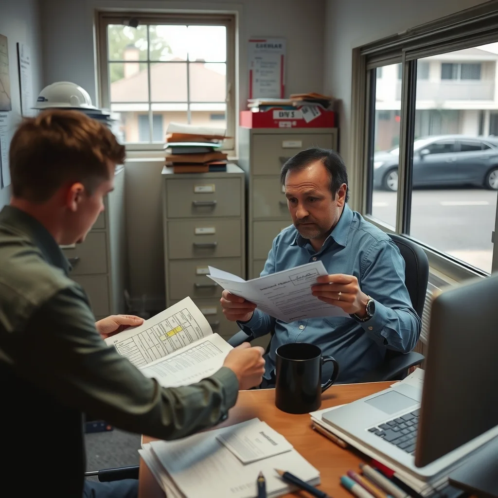 Two people reviewing financial statements across a desk in a small accountant's office