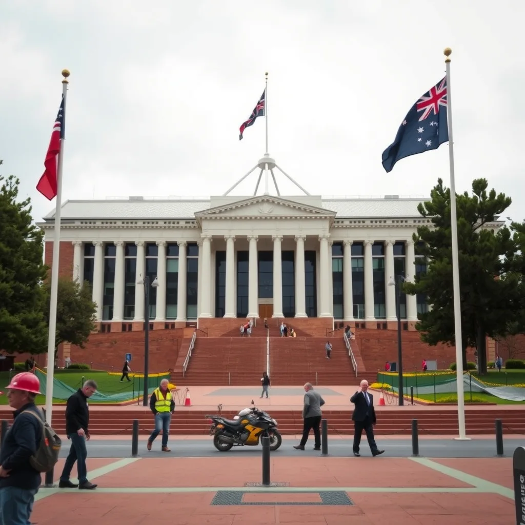 Parliament House in Canberra under grey sky
