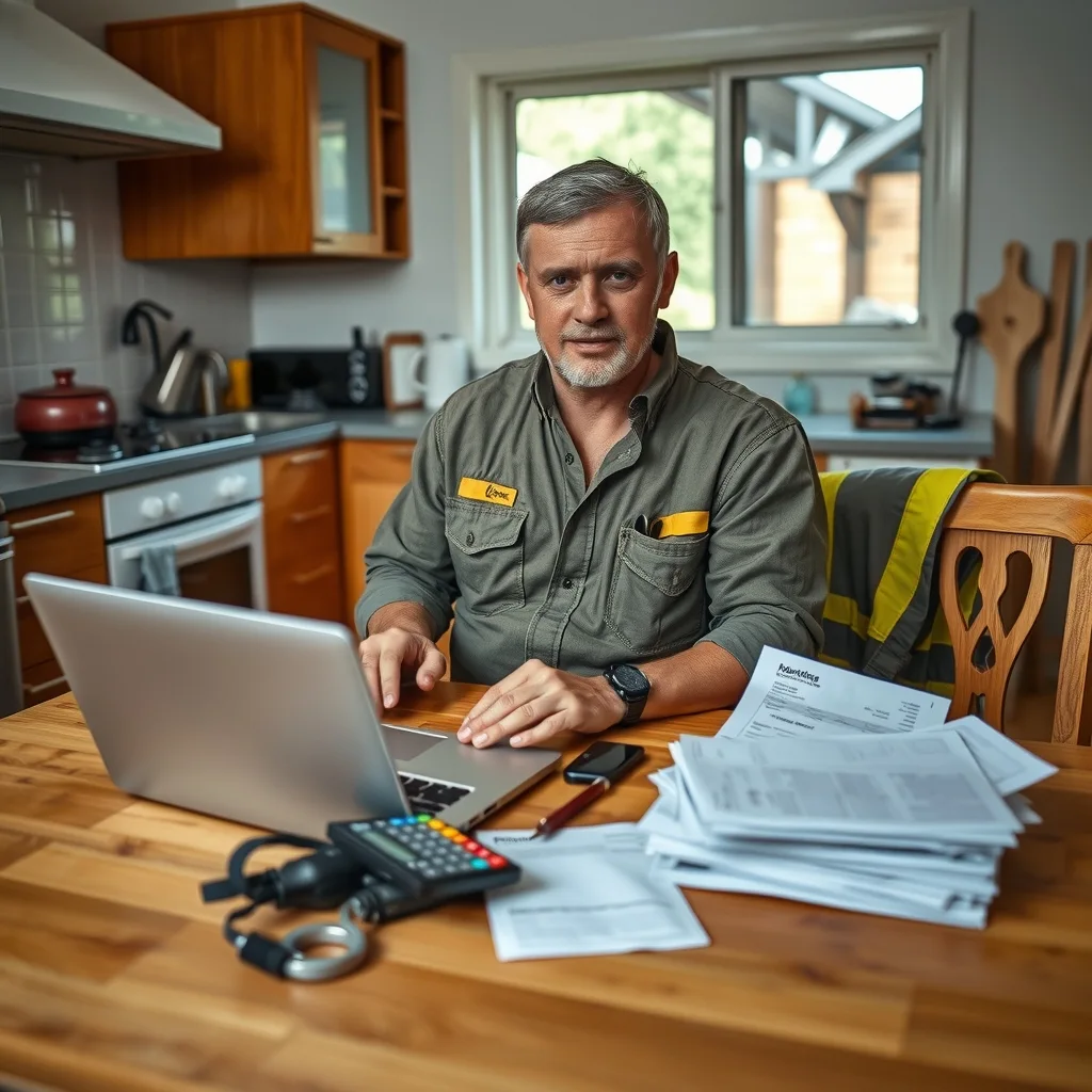 A tradie in work clothes going over business paperwork and a laptop at a kitchen table
